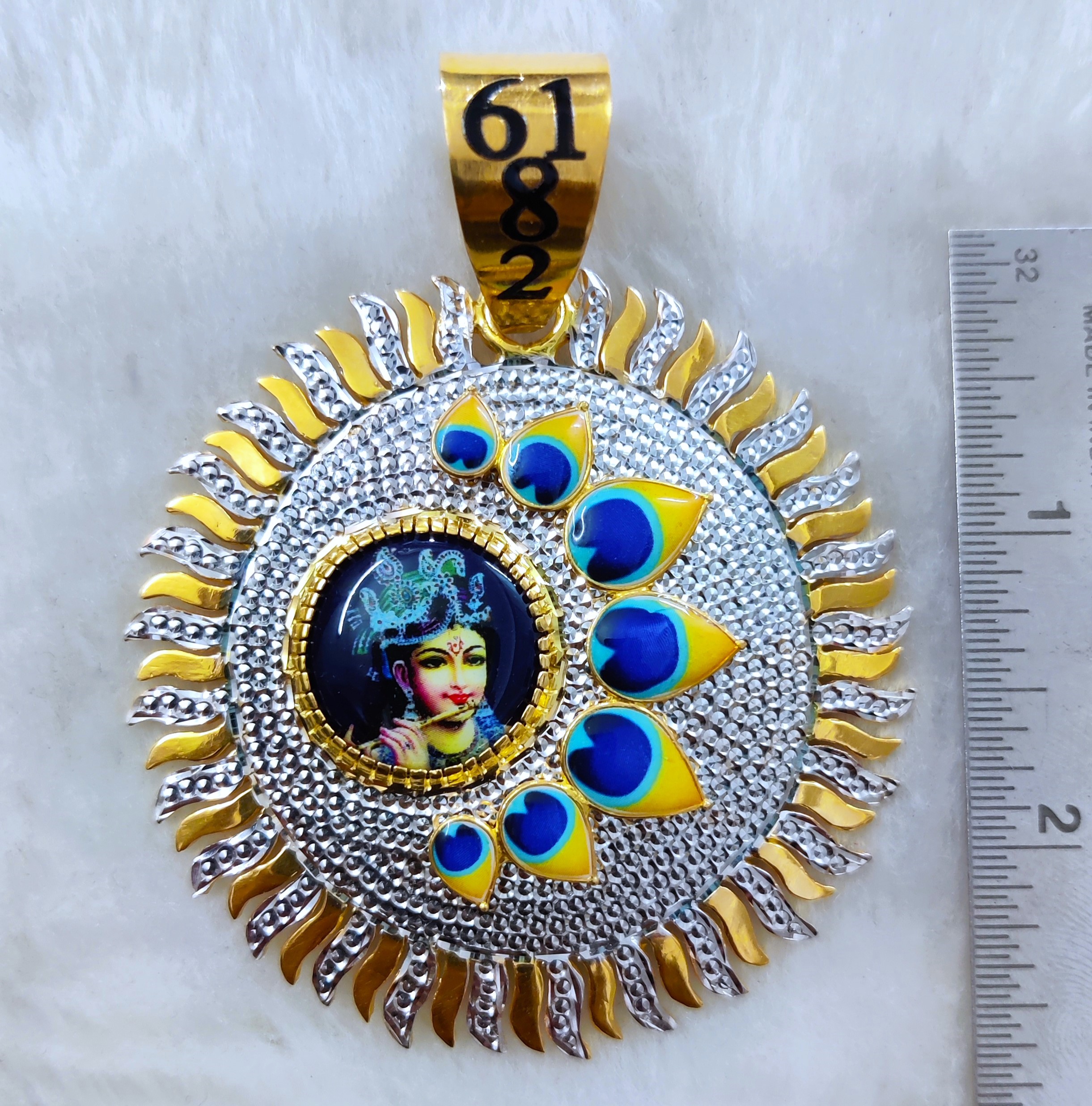 916 Gold Fancy Krishna Photo Minakari Pendant-35